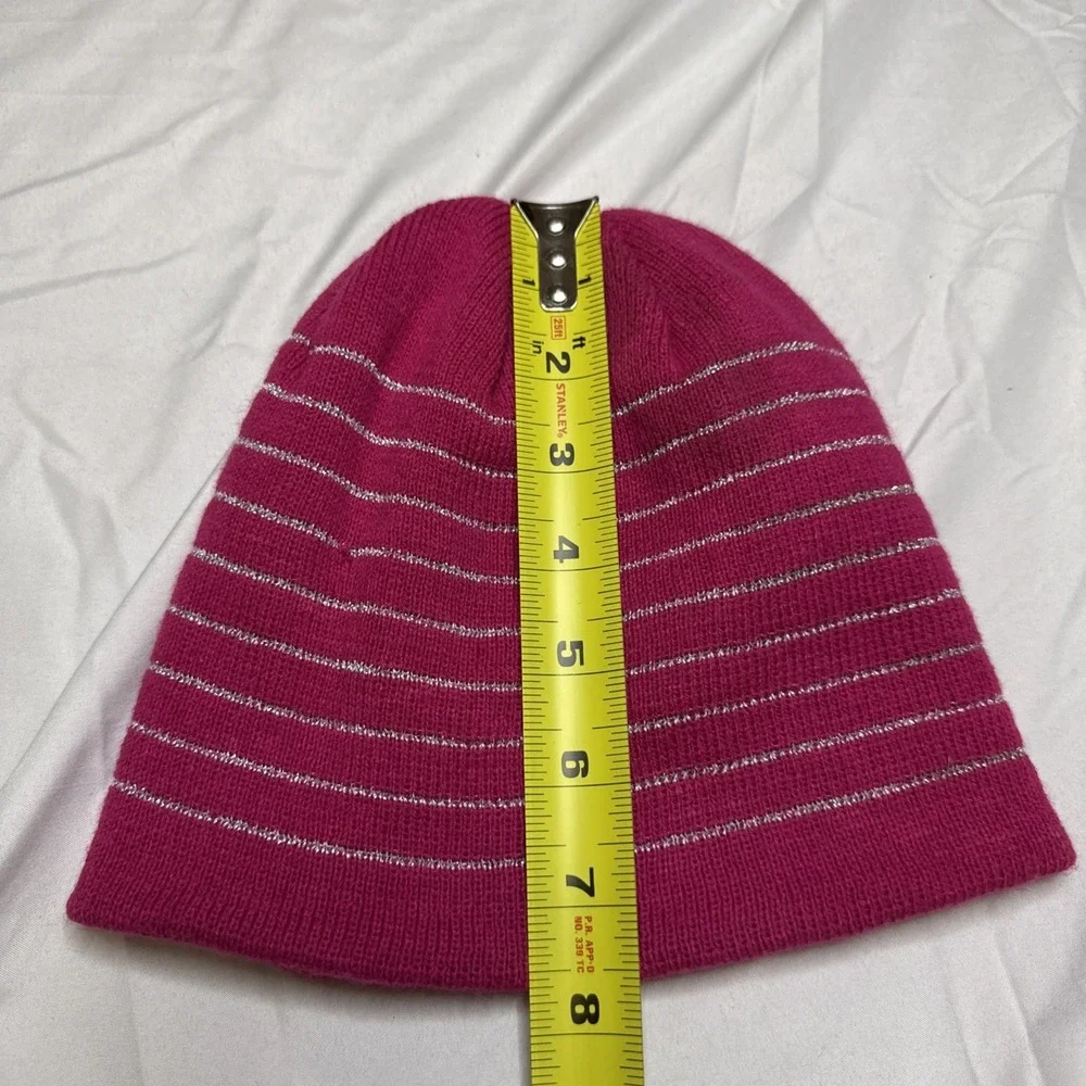 Gerry Magenta Pink Silver Metallic‎ Striped Knit Beanie Winter Hat Womens Mens